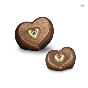 Keramische dieren hart-urn met goudkleurig hartje en een hondenpootje - bronskleurig
