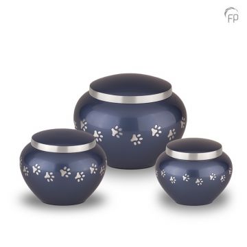 Metalen dierenurn met hondenpootjes - blauw