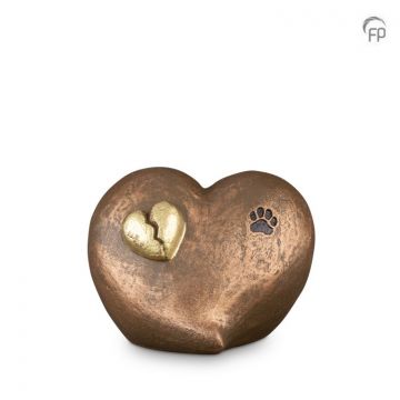 Keramische dierenurn hart met goudkleurig gebroken hartje en een hondenpootje - bronskleurig
