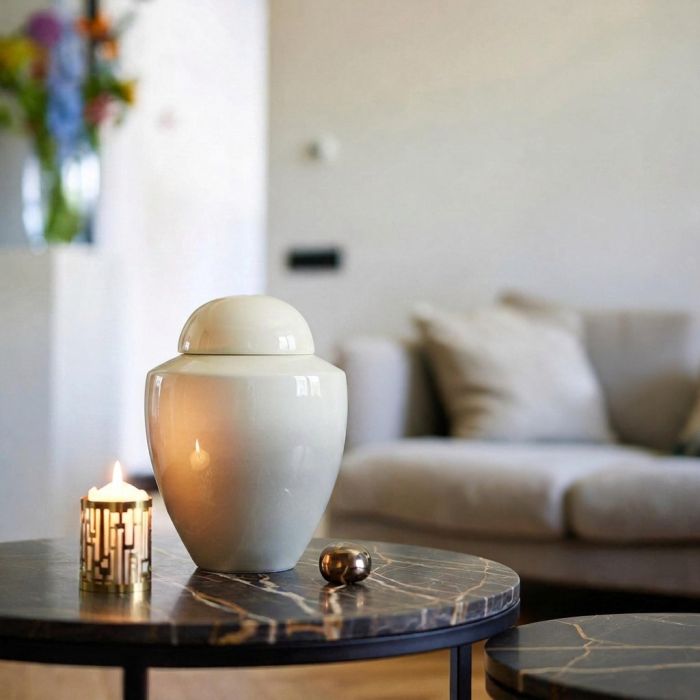 Crème keramische urn op een marmeren tafel in een woonkamer met kaarslicht en decoratie