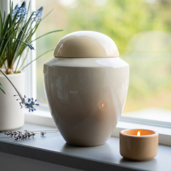 Crème keramische urn op een vensterbank naast een brandende kaars en bloemen
