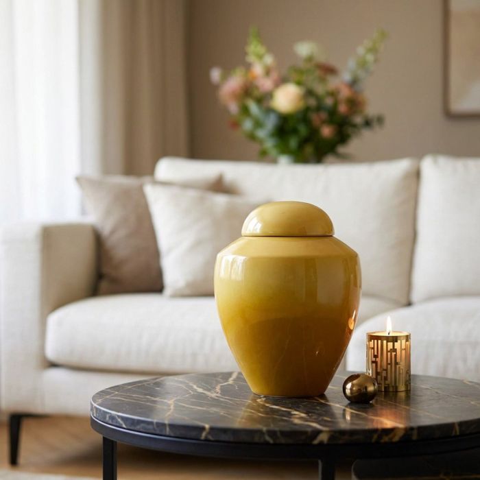 Gele keramische urn op een marmeren tafel in een woonkamer met kaarslicht en decoratie