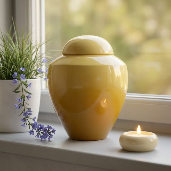 Gele keramische urn op een vensterbank naast een brandende kaars en bloemen