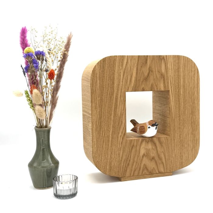 Houten urn Linde met musje - eikenhout