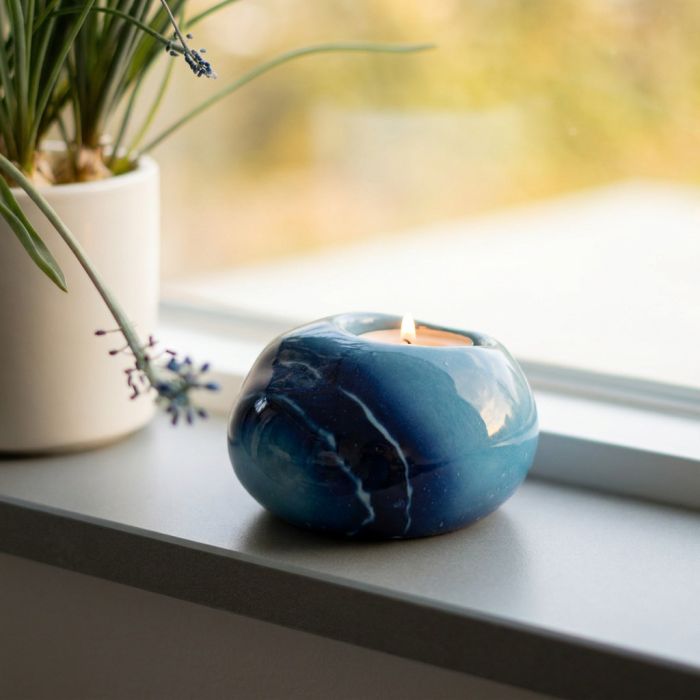 Keramisch knuffelkeitje met waxinelichtje - blauw (0.04 L)