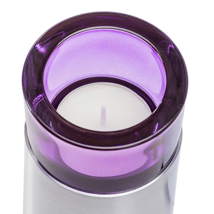 Urn waxinelichthouder rond aluminium met paars glas